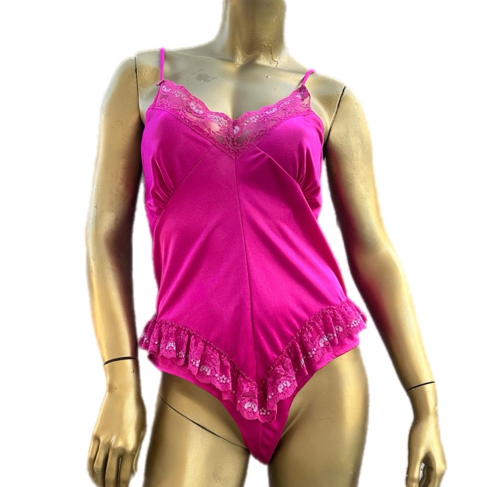 Vintage Miss Dira NY polyester Pink Lace Trim Women's Bodysuit teddy size L